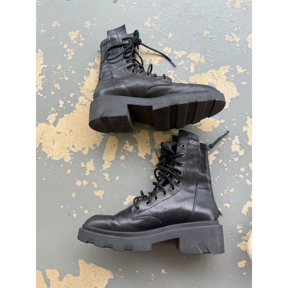 Ash Black Leather Chunky Platform Combat Boots Lug Sole Lace Up Rear Zip Sz 41